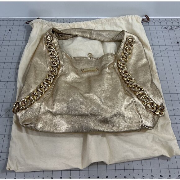 Michael Kors Gold Leather Shoulder Bag w/ Chain Accent & Canvas Storage Bag MK - Picture 2 of 13